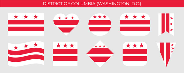 District of Columbia state flag set. American state flag of different shapes. Washington D.C. flag. Vector illustration isolated on white background © polgin