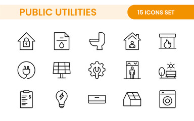 Public utilities linear signed icon collection. Signed thin line icons collection. Set of public utilities simple outline icons.