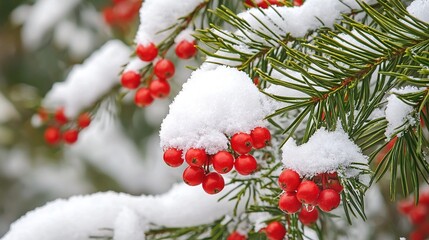   A close-up of a pine tree with red berries on its branches, blanketed in snow