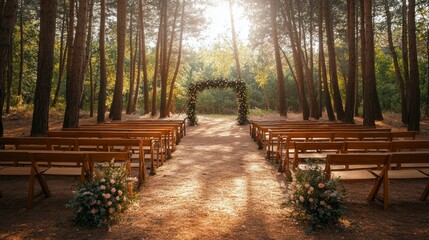 Outdoor wedding ceremony setup in a tranquil forest with floral decorations and wooden benches