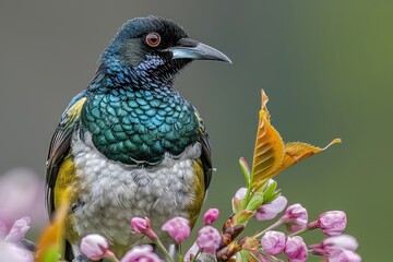 A beautiful New Zealand tui bird on a flowering cherry with a natural background.