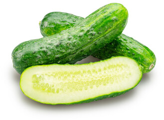 Fresh sweet small cucumbers and cucumber longitudinal section isolated on white background. Cucumbers that are used to pickling or slicing.