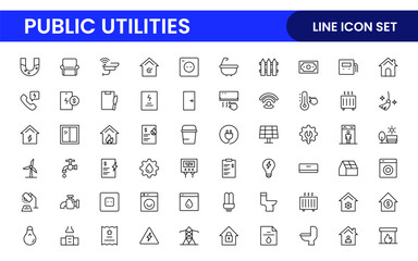 Public utilities linear signed icon collection. Signed thin line icons collection. Set of public utilities simple outline icons.