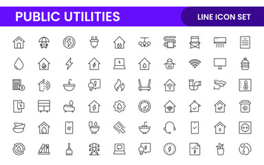 Public utilities linear signed icon collection. Signed thin line icons collection. Set of public utilities simple outline icons.