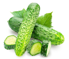Fresh sweet small cucumbers and slices of cucumber isolated on white background. Cucumbers that are used to pickling or slicing.