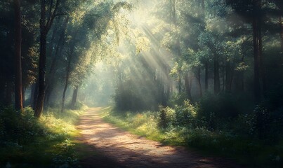A serene forest path illuminated by soft, dappled sunlight, casting long shadows on the earthy trail, Generative AI 