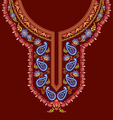 The colorful neck design features floral paisley and scroll motifs on a dark orange background for embroidery Indian kurta. Neck decorative pattern design for kurta, kurti, kaftan dress, and blouse.