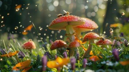 Vibrant Mushrooms in Meadow with Bees and Butterflies