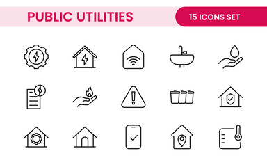 Public utilities linear signed icon collection. Signed thin line icons collection. Set of public utilities simple outline icons.