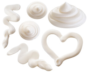 Set of different mayonnaise sauce spots and squeeze on white background; top view. File contains clipping paths.