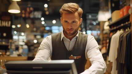 Fototapeta premium A man wearing a white shirt and vest working at a cash register in a clothing store