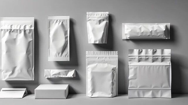 White plastic pouches of various sizes are arranged on a gray surface