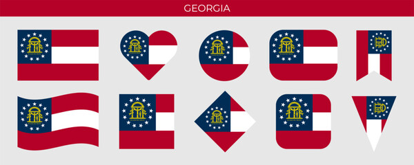 Georgia state flag set. American state flag of different shapes. Vector illustration isolated on white background