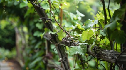Green Vine Tendrils Twisting Around a Trellis