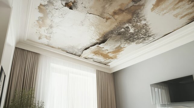 A damaged ceiling with severe water stains and cracks, requiring urgent repair in a modern living room.