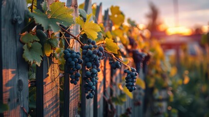 Vibrant Grapes Growing on a Vine at Sunset