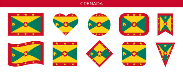 Grenada flag set. National flag in various shapes. Vector illustration isolated on white background