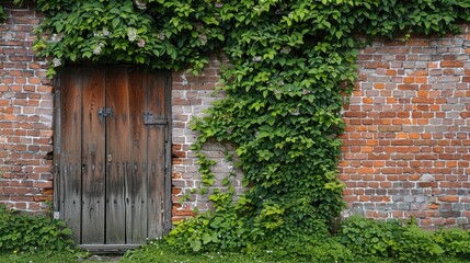 Vintage Wooden Door on Brick Wall with Green Vines