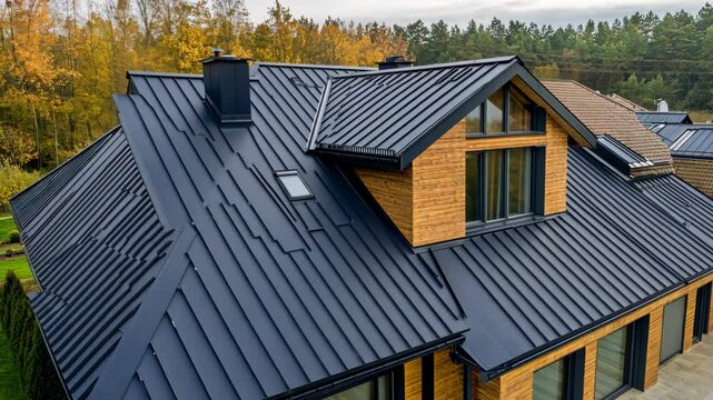 A modern house with a dark blue metal roof stands against a backdrop of trees in the fall