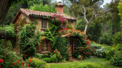 Fototapeta premium Charming Cottage Surrounded by Lush Garden and Vines