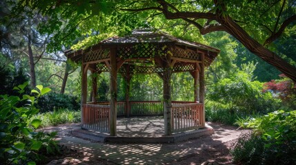 Naklejka premium Serene Gazebo Surrounded by Lush Garden Foliage