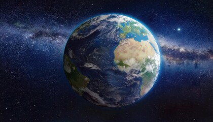 Realistic Earth Planet, rotating on its axis in space against the background of the Milky Way star sky. Astronomy and science concept. Continents and oceans. 