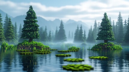 Pixelated Swamp Scene with Trees and Lily Pads