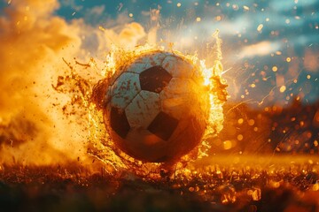 Fototapeta premium Soccer ball bursting with energy on field at dusk