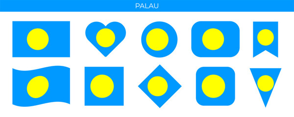 Palau flag set. National flag in various shapes. Vector illustration isolated on white background