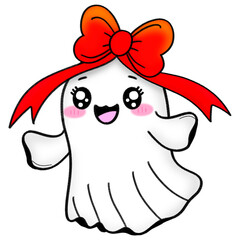 A little ghost with a big red bow on his head