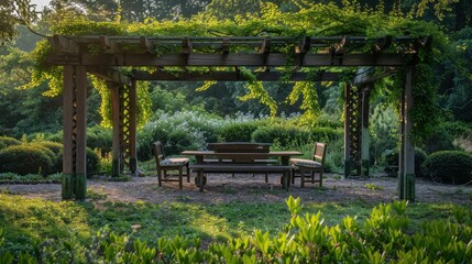 Obraz premium Peaceful Outdoor Pergola Wrapped in Green Vines