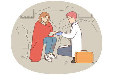 Male doctor help woman after natural disaster