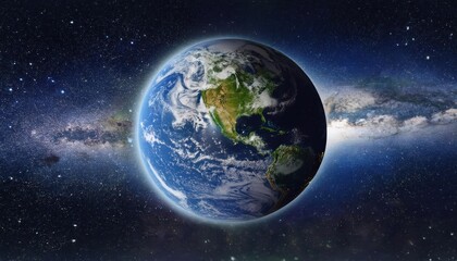 Realistic Earth Planet, rotating on its axis in space against the background of the Milky Way star sky. Astronomy and science concept. Continents and oceans. 