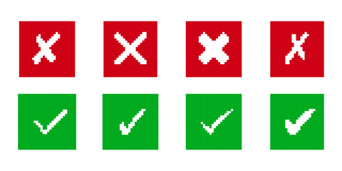 Pixel Green Check Marks and Red X icons Set in Squares. Correct and Wrong Indicators. Success and Failure Sign. Isolated Vector Illustration