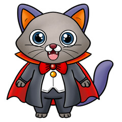 A purple-gray cat dressed as Lord Dracula for Halloween