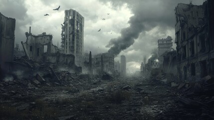 A city reduced to ruins on the battlefield, evoking feelings of desolation and loneliness. 