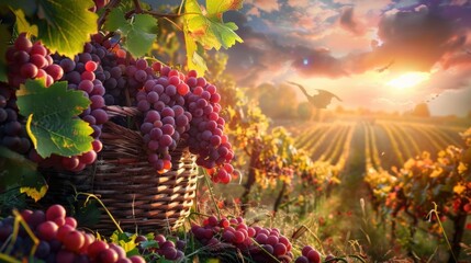 Fototapeta premium Vineyard Harvest Season with Full Baskets of Grapes