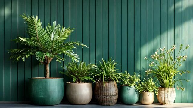 A row of potted plants sits in front of a green wooden wall