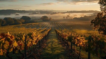 Fototapeta premium Misty Vineyard Landscape at Dawn