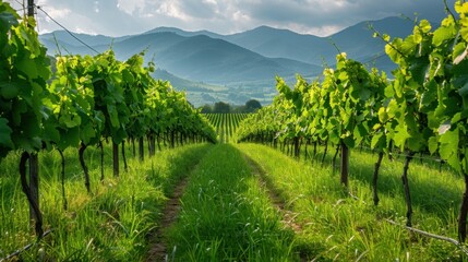 Naklejka premium Scenic Pathway Through Lush Vineyard Rows