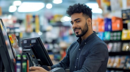 Man with beard working at a cash register in a store