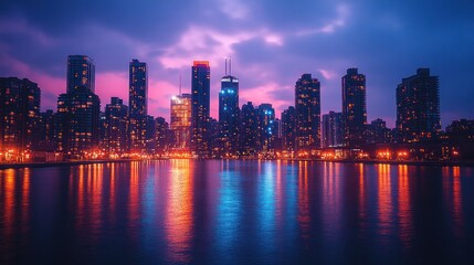 Fototapeta premium A vibrant cityscape with illuminated skyscrapers reflected in a calm body of water at dusk.