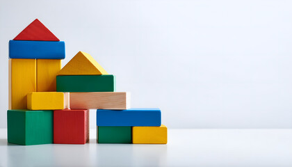 A set of colorful wooden blocks stacked in a playful arrangement on a white surface. This image represents creativity, play, and childhood development through educational toys