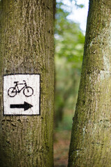 A sign on a tree in the forest, a bicycle path.
