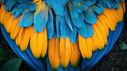 Fototapeta premium A close-up of two blue and yellow birds, one with its wings spread and the other's head resting on them