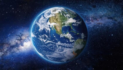 Realistic Earth Planet, rotating on its axis in space against the background of the Milky Way star sky. Astronomy and science concept. Continents and oceans. 