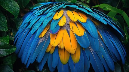 Fototapeta premium A close-up of a vibrant blue-and-yellow bird's feathers surrounded by green foliage against a radiant sunlit sky