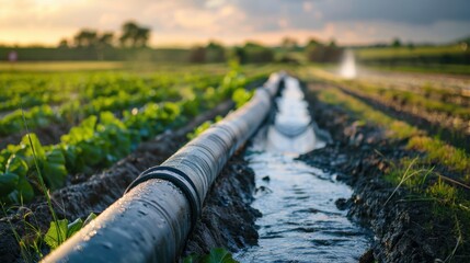 Outdoor Irrigation Pipe and Water Flow in Fields