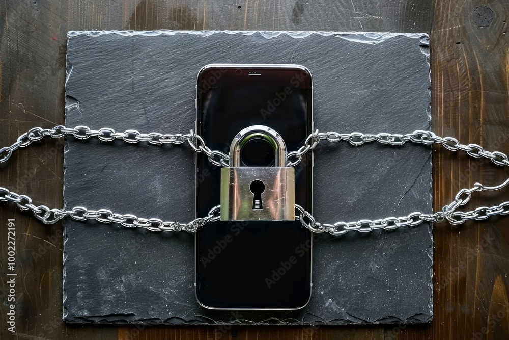 Poster black smart phone wrap with chain and lock on black board background internet security concept