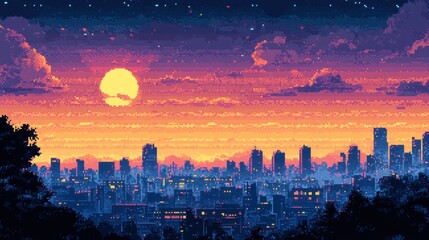 Obraz premium Minimalist City Skyline at Dusk in Pixel Art Style